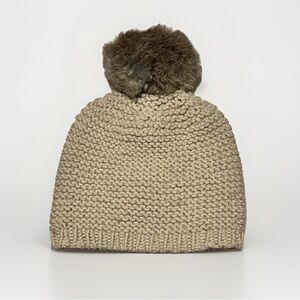 Women’s Chunky Knit Beanie Hat Rabbit Fur Pom Pom Beige Winter Ski Cozy